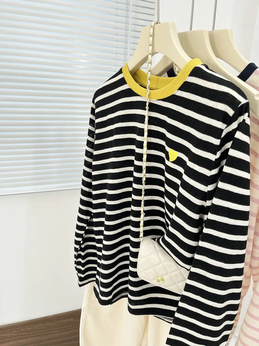 Women Striped Mulberry Silk Long Sleeve T-Shirt Yellow Blue - Image 2