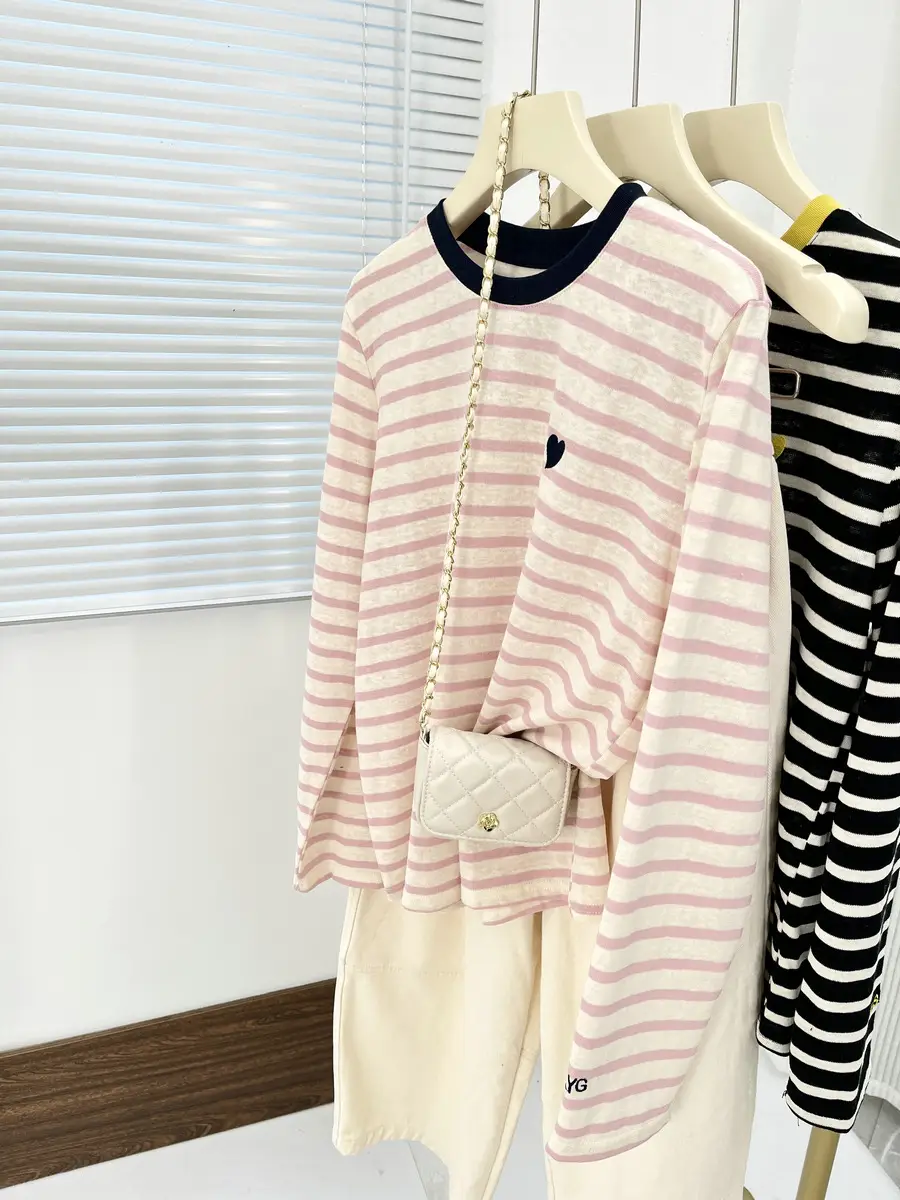 Women Striped Mulberry Silk Long Sleeve T-Shirt Yellow Blue - Image 3