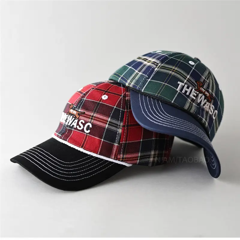 Men's Red Plaid Baseball Cap with Embroidered Logo - Image 3