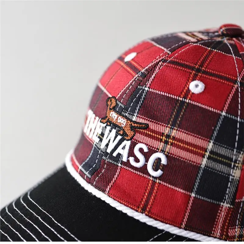 Men's Red Plaid Baseball Cap with Embroidered Logo - Image 6
