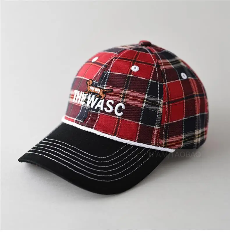 Men's Red Plaid Baseball Cap with Embroidered Logo — feature 3