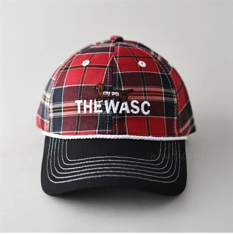 Men's Red Plaid Baseball Cap with Embroidered Logo — feature 4