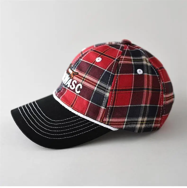 Men's Red Plaid Baseball Cap with Embroidered Logo — feature 5