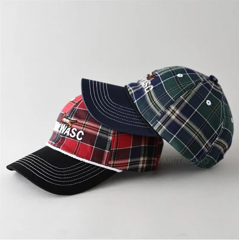 Men's Red Plaid Baseball Cap with Embroidered Logo — feature 7