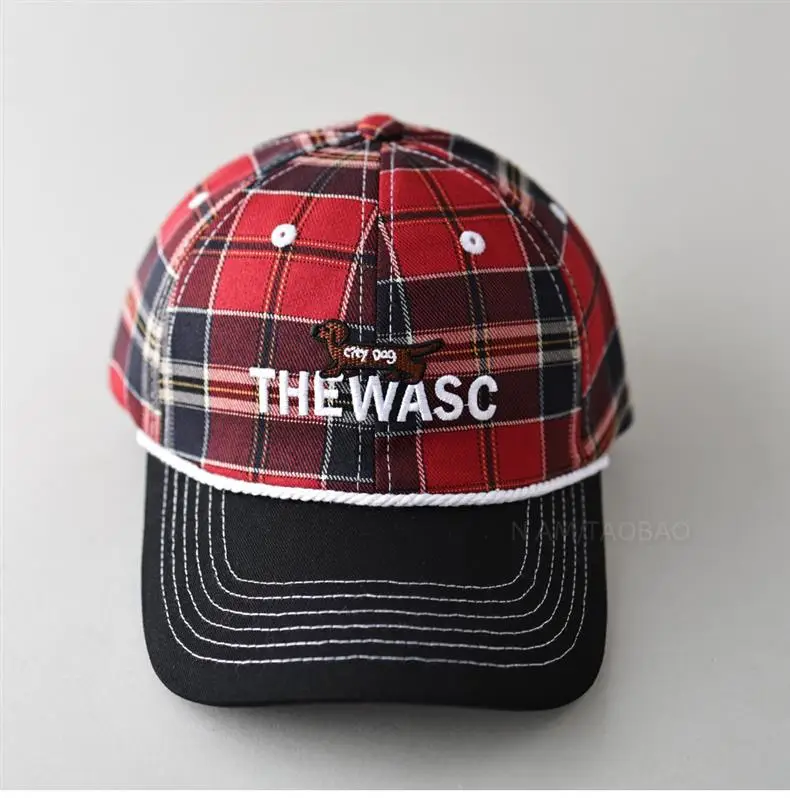 Men's Red Plaid Baseball Cap with Embroidered Logo — feature 9