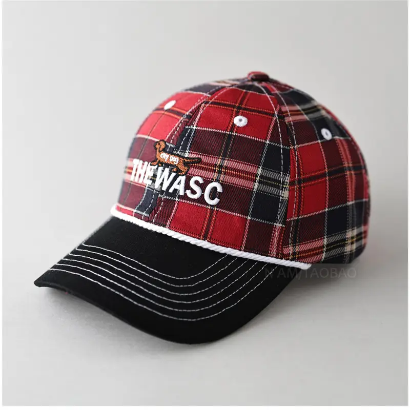 Men's Red Plaid Baseball Cap with Embroidered Logo - Image 2