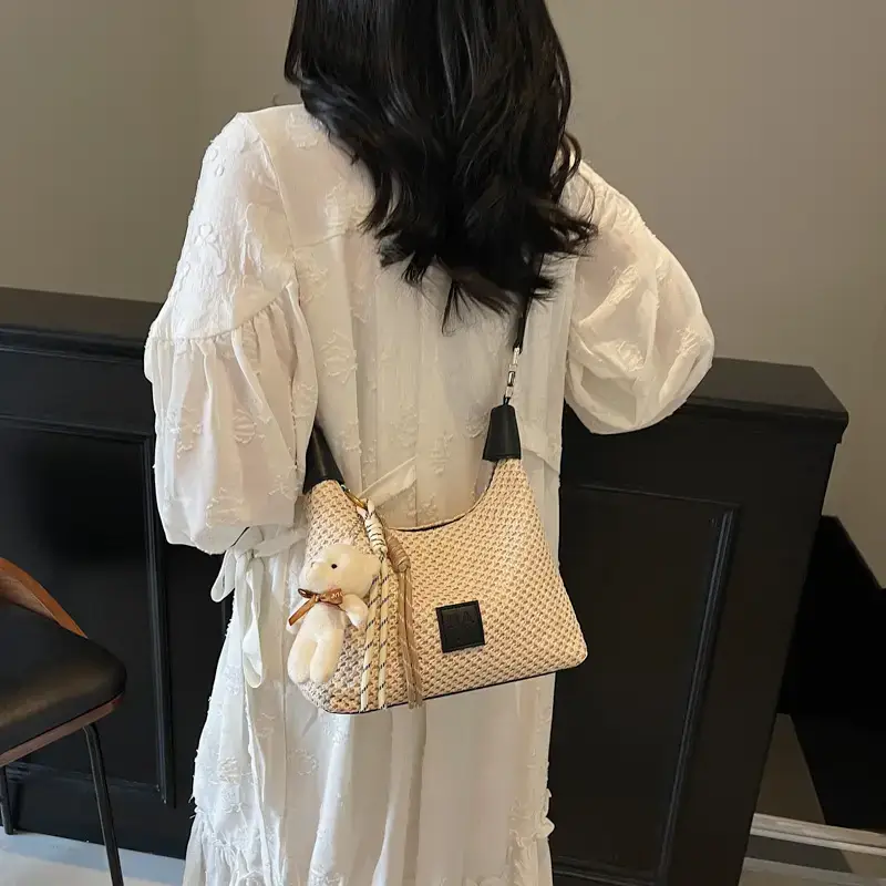 Women's Hand-Craved Beige Waffle Shoulder Bag with Teddy Keychain - Image 5