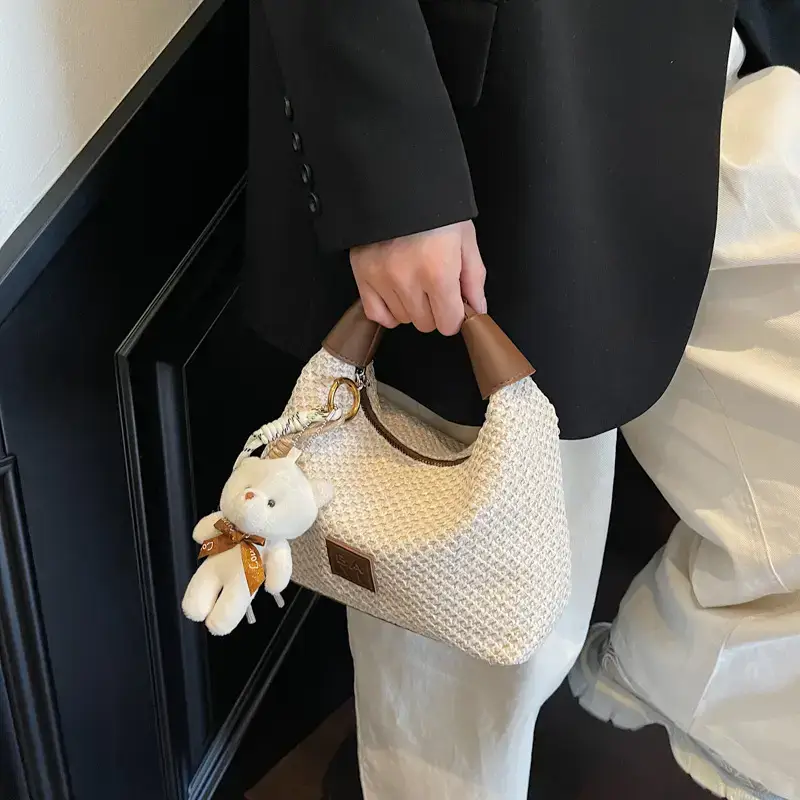 Women's Hand-Craved Beige Waffle Shoulder Bag with Teddy Keychain - Image 6