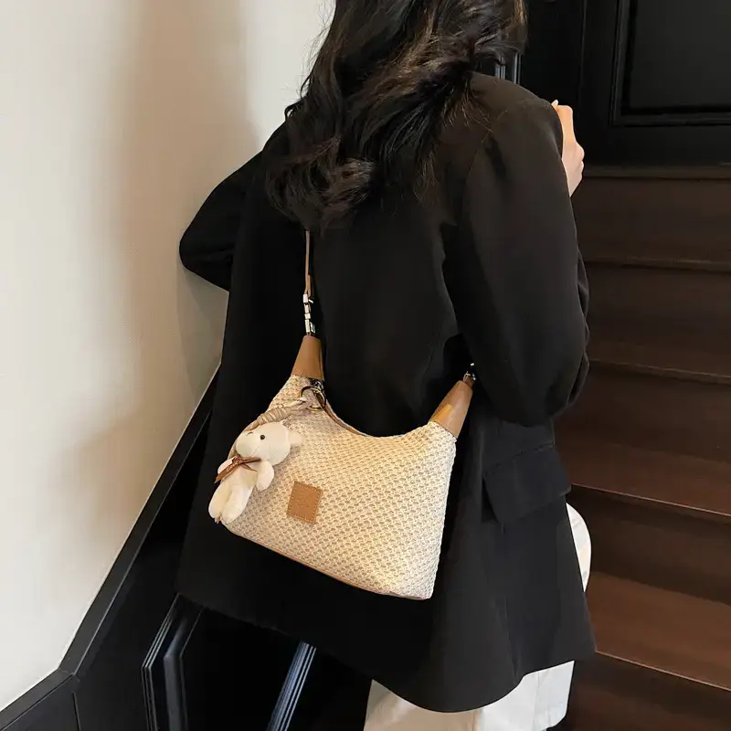 Women's Hand-Craved Beige Waffle Shoulder Bag with Teddy Keychain - Image 7