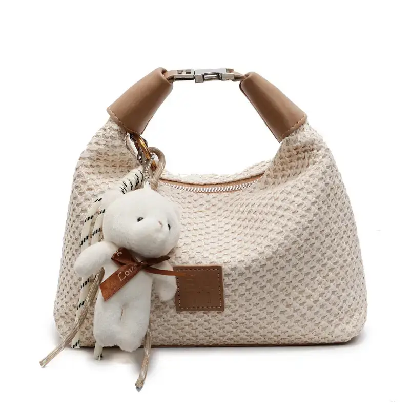 Women's Hand-Craved Beige Waffle Shoulder Bag with Teddy Keychain - Image 8