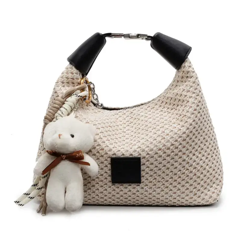 Women's Hand-Craved Beige Waffle Shoulder Bag with Teddy Keychain - Image 2