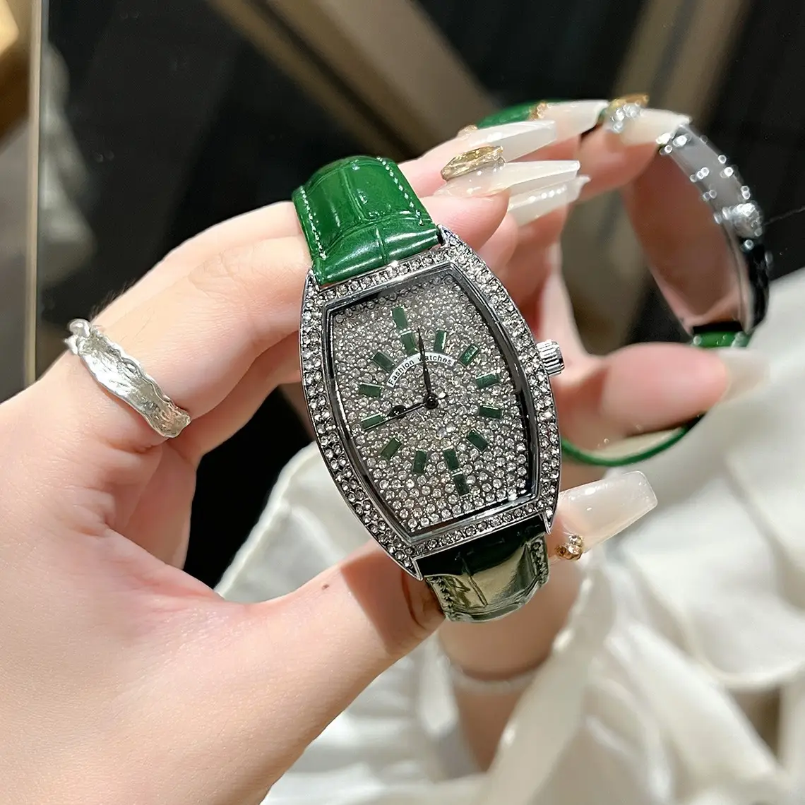 Full Diamond Women's Watch with Large Dial & Leather Band