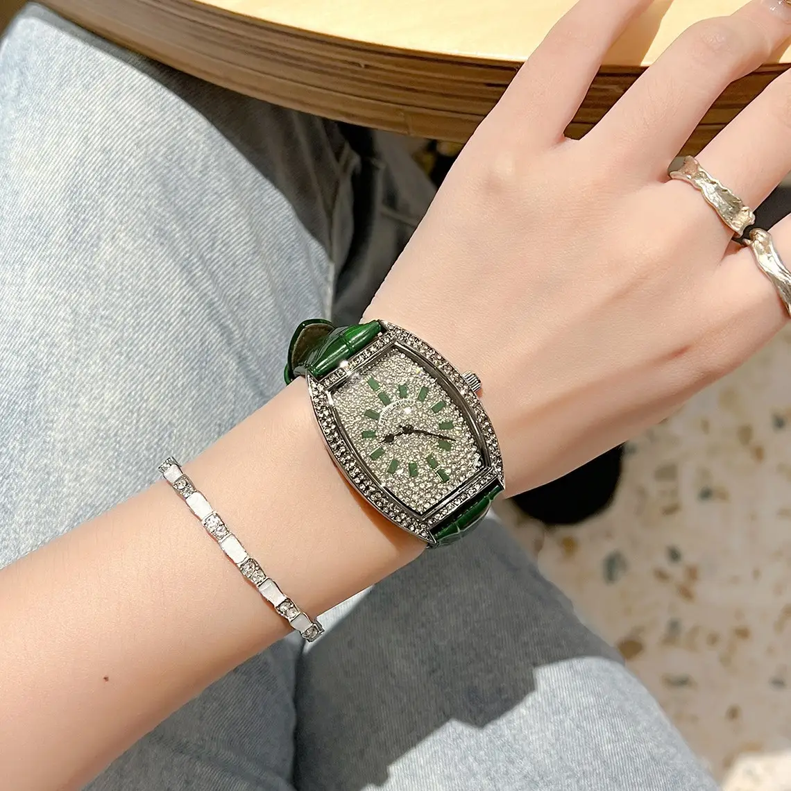Full Diamond Women's Watch with Large Dial & Leather Band