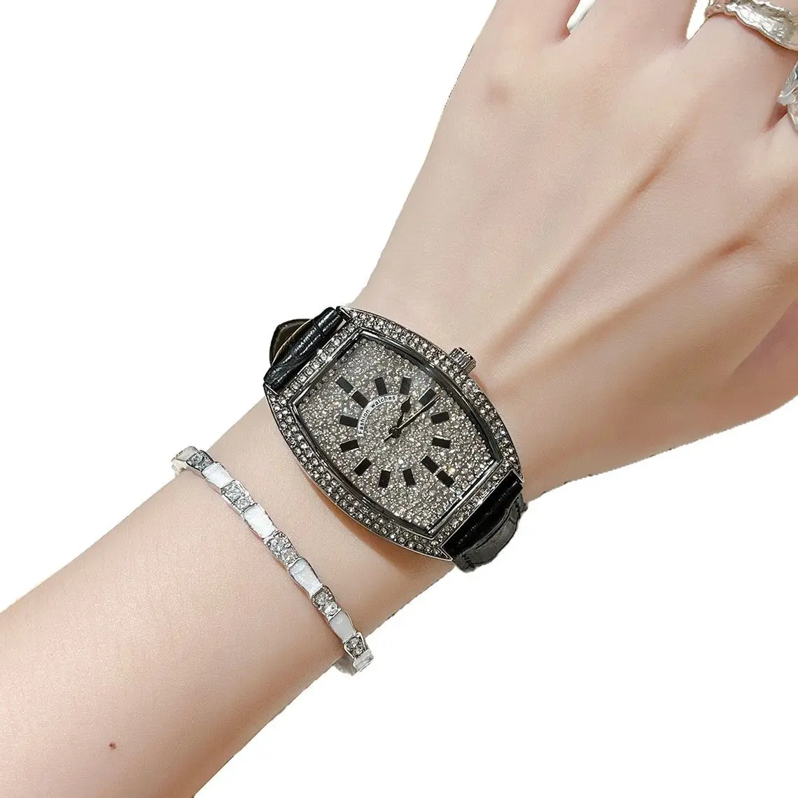 Full Diamond Women's Watch with Large Dial & Leather Band