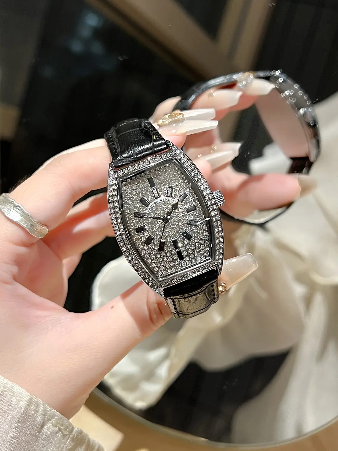 Full Diamond Women's Watch with Large Dial & Leather Band — feature 1