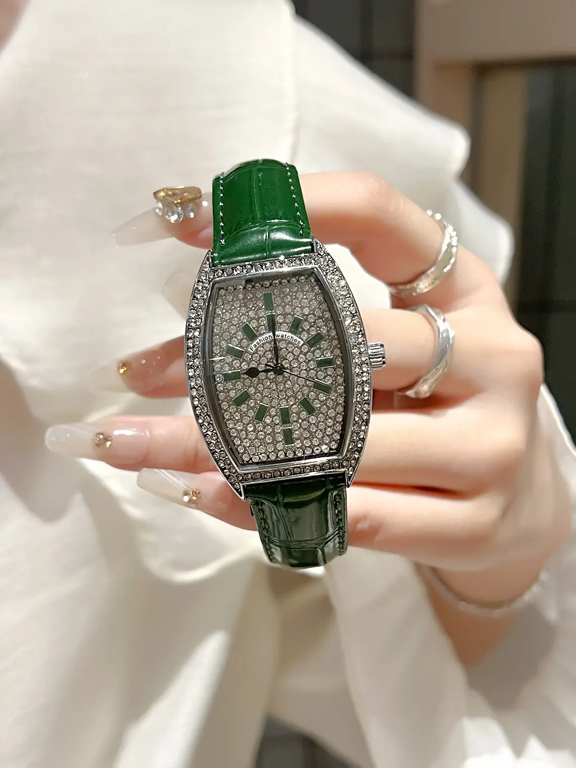 Full Diamond Women's Watch with Large Dial & Leather Band — feature 2