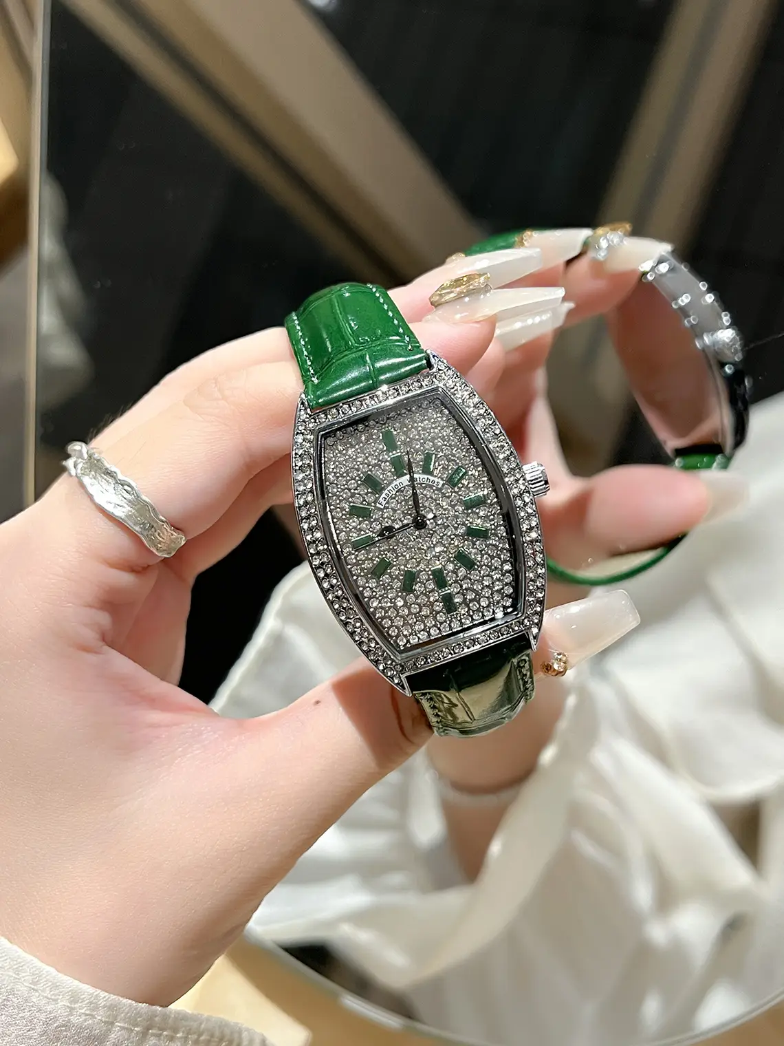 Full Diamond Women's Watch with Large Dial & Leather Band — feature 3