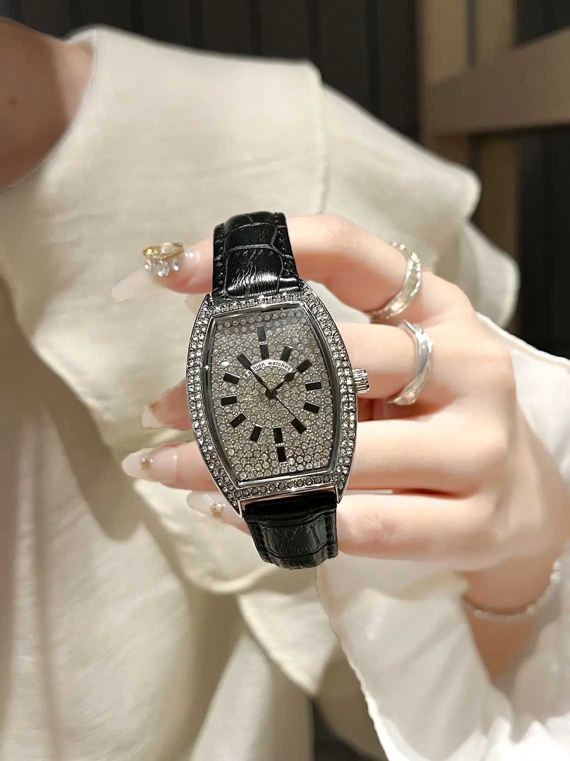 Full Diamond Women's Watch with Large Dial & Leather Band — feature 5