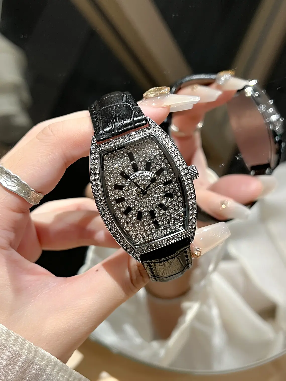 Full Diamond Women's Watch with Large Dial & Leather Band — feature 6