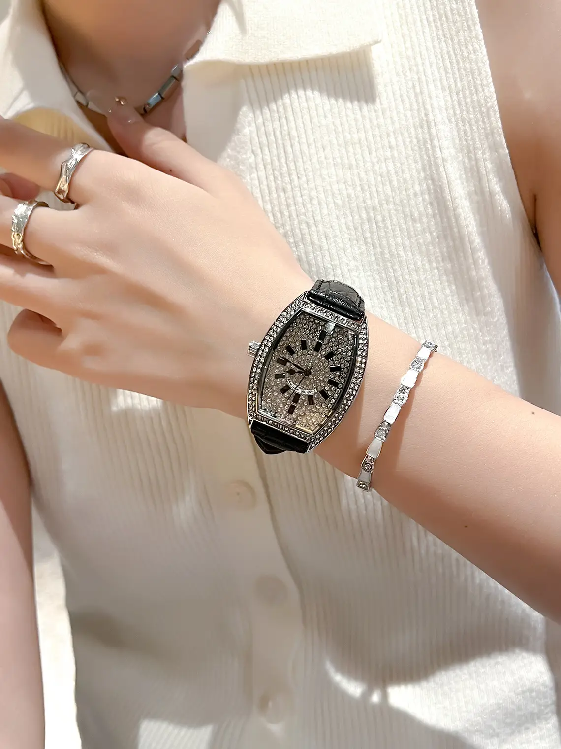 Full Diamond Women's Watch with Large Dial & Leather Band — feature 8