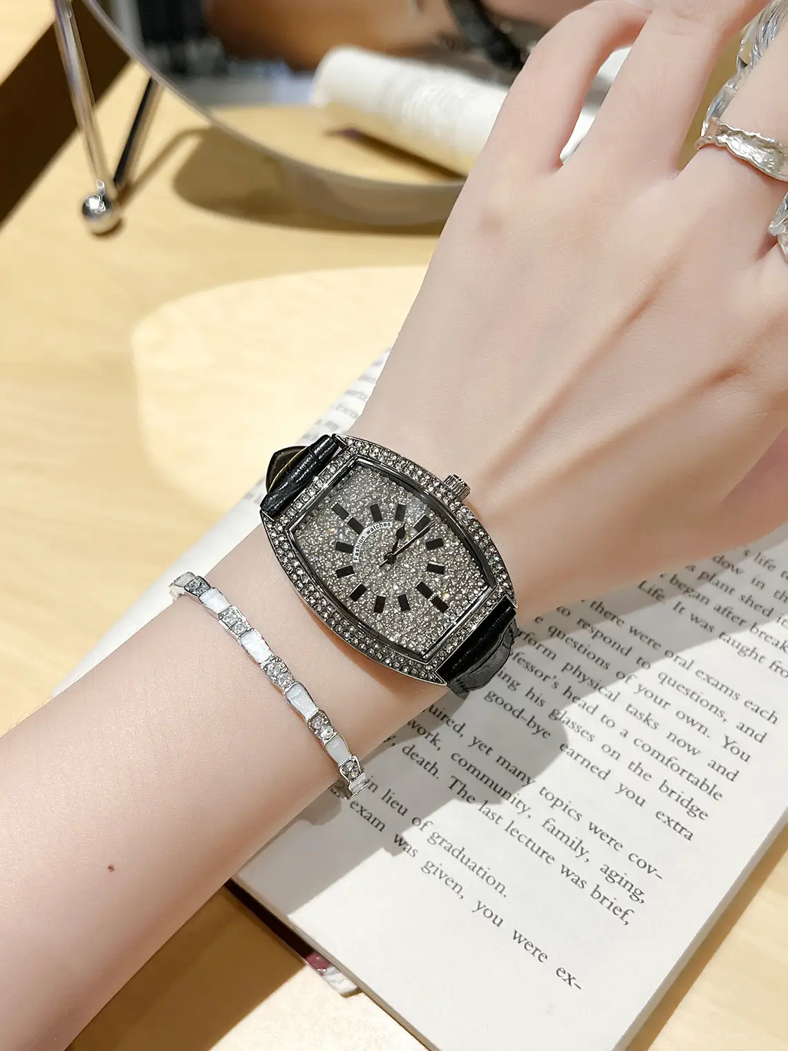 Full Diamond Women's Watch with Large Dial & Leather Band — feature 9