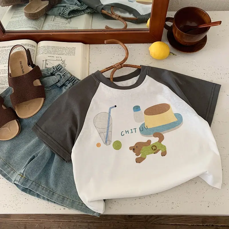 Boy's Cool T-Shirt 2025 Cartoon Short Sleeve White Grey