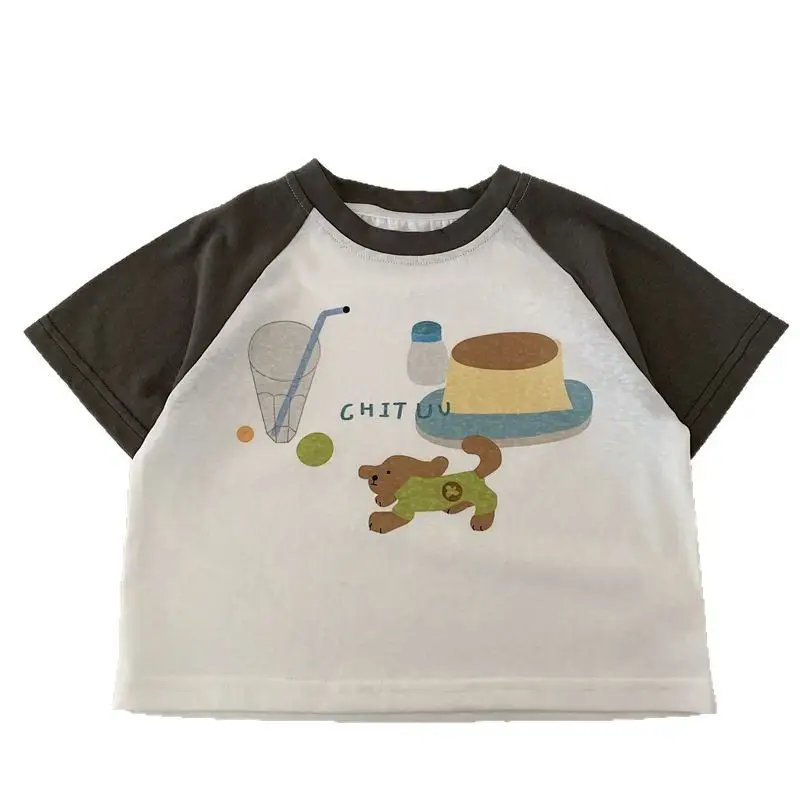 Boy's Cool T-Shirt 2025 Cartoon Short Sleeve White Grey
