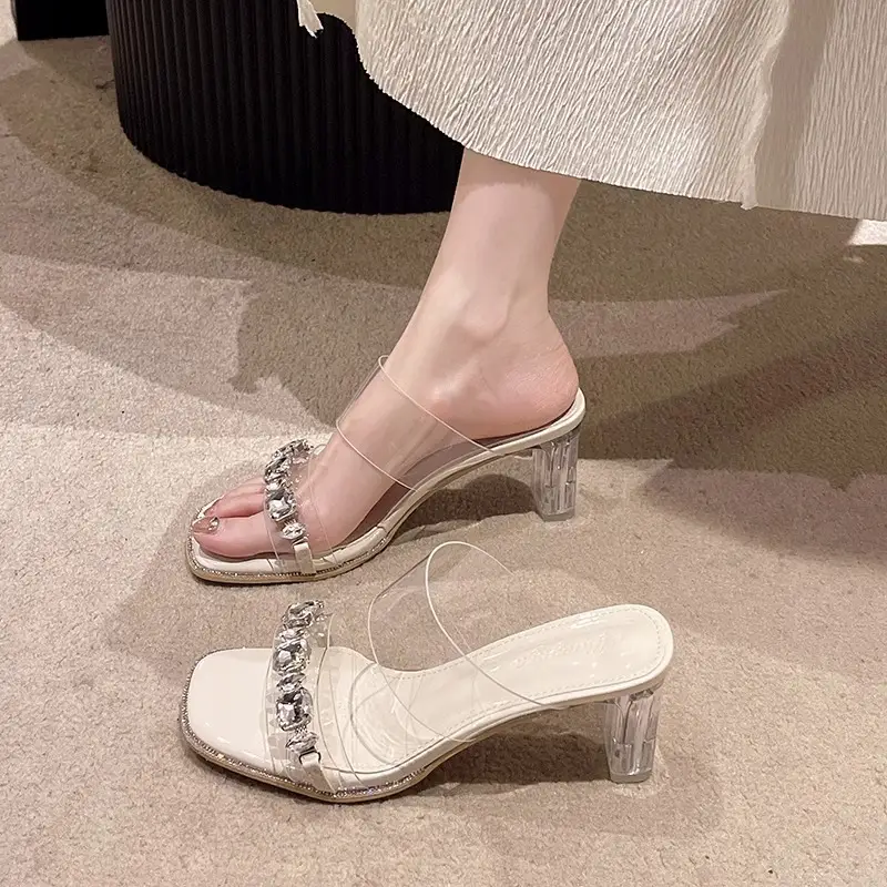 Fashionable Summer High-End Transparent One-Line Crystal Thick Heel High-Heeled Sandals Fairy Style Rhinestone Slippers for Women to Wear Outside - Image 6