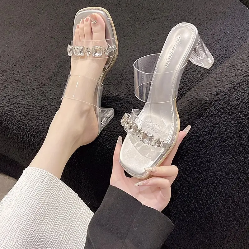Fashionable Summer High-End Transparent One-Line Crystal Thick Heel High-Heeled Sandals Fairy Style Rhinestone Slippers for Women to Wear Outside - Image 7