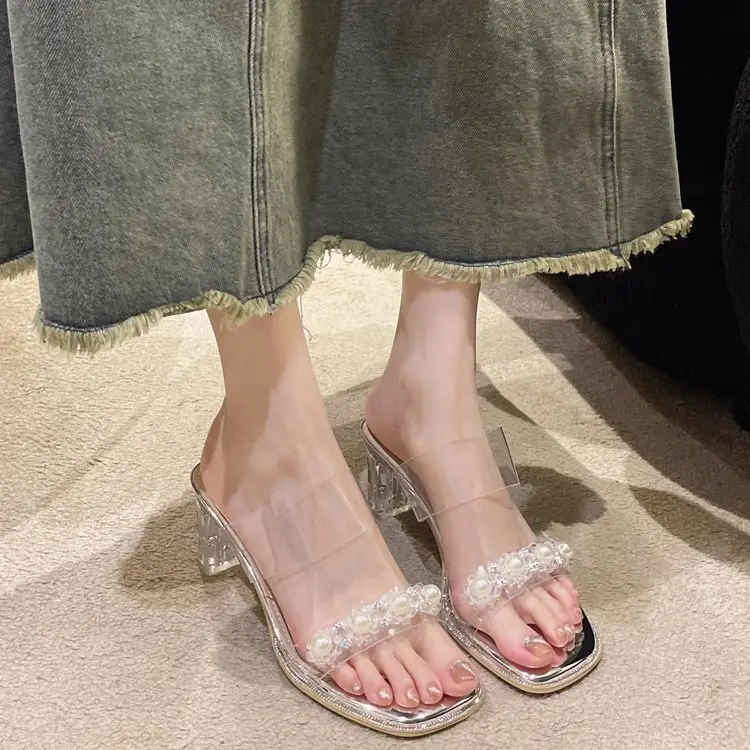 Fashionable Summer High-End Transparent One-Line Crystal Thick Heel High-Heeled Sandals Fairy Style Rhinestone Slippers for Women to Wear Outside - Image 8
