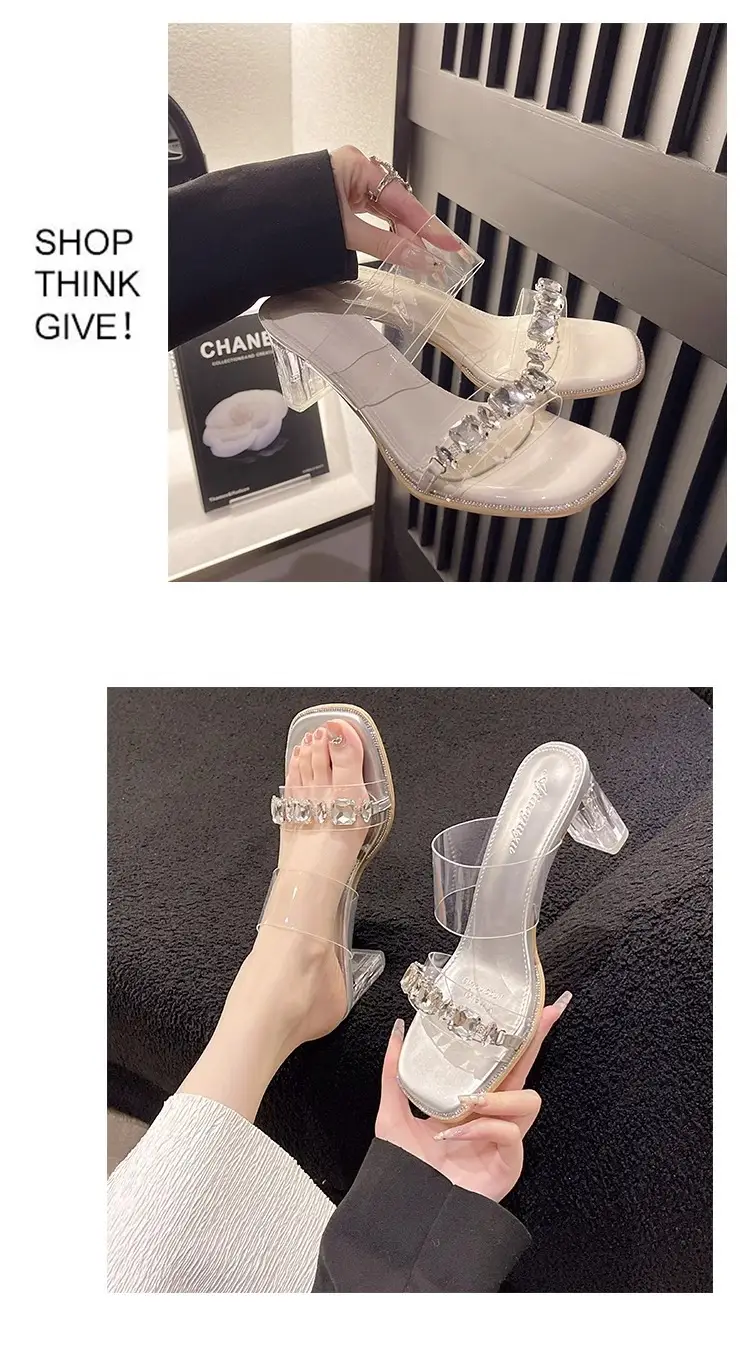 Fashionable Summer High-End Transparent One-Line Crystal Thick Heel High-Heeled Sandals Fairy Style Rhinestone Slippers for Women to Wear Outside — feature 4