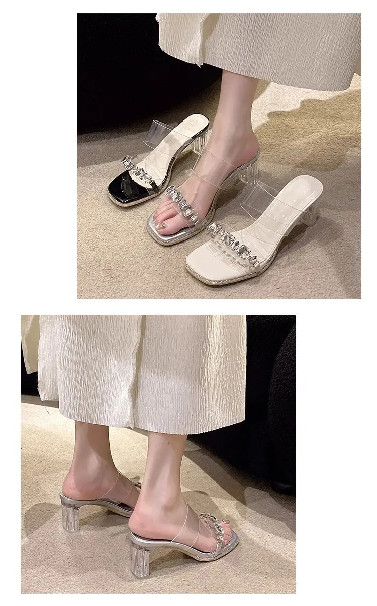 Fashionable Summer High-End Transparent One-Line Crystal Thick Heel High-Heeled Sandals Fairy Style Rhinestone Slippers for Women to Wear Outside — feature 5