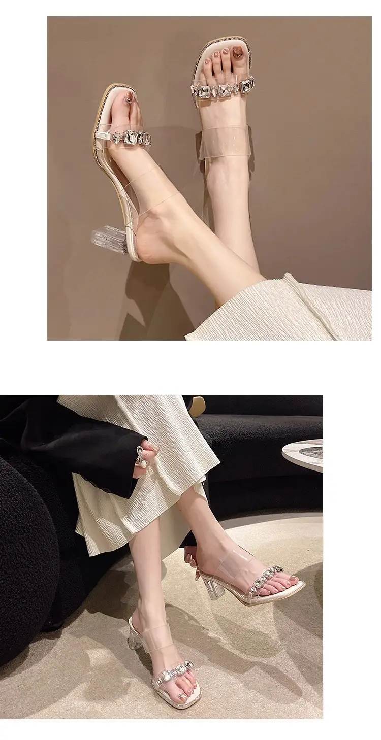 Fashionable Summer High-End Transparent One-Line Crystal Thick Heel High-Heeled Sandals Fairy Style Rhinestone Slippers for Women to Wear Outside — feature 7