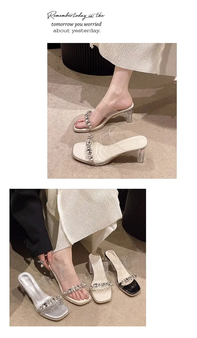 Fashionable Summer High-End Transparent One-Line Crystal Thick Heel High-Heeled Sandals Fairy Style Rhinestone Slippers for Women to Wear Outside — feature 8