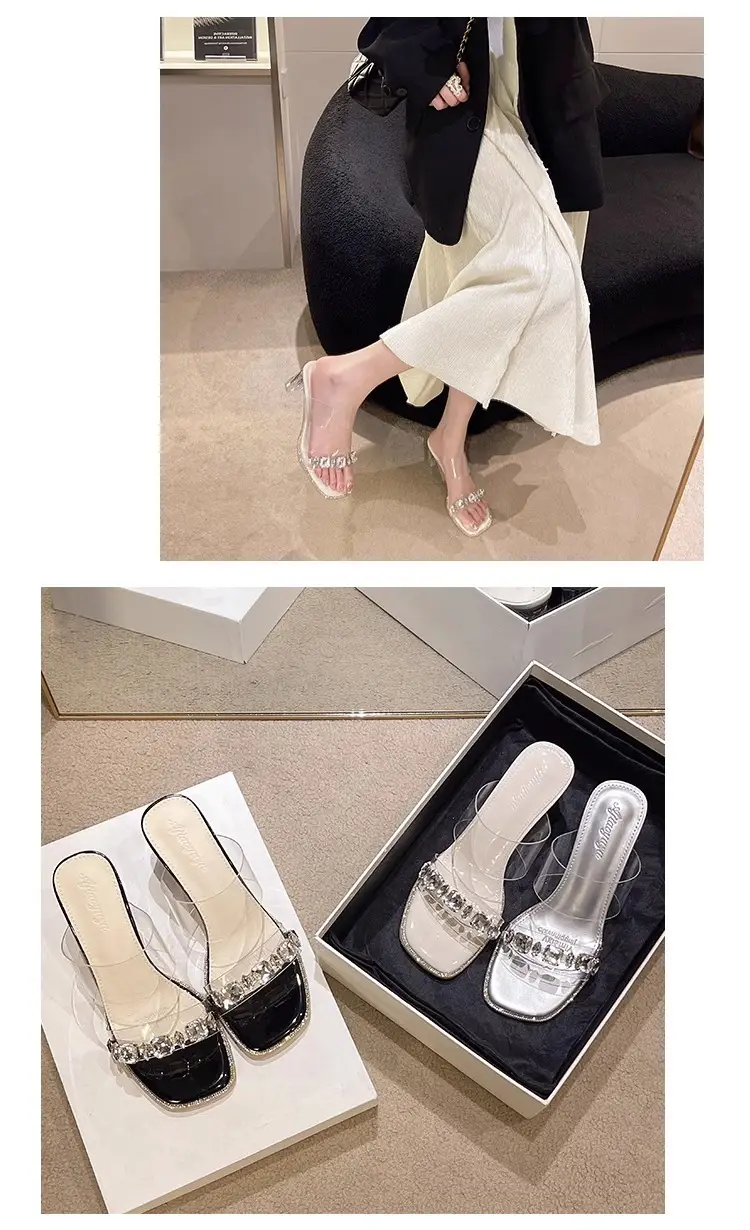 Fashionable Summer High-End Transparent One-Line Crystal Thick Heel High-Heeled Sandals Fairy Style Rhinestone Slippers for Women to Wear Outside — feature 9