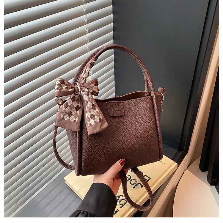 Retro Silk Scarf Handbag Brown Bow Crossbody - Image 3