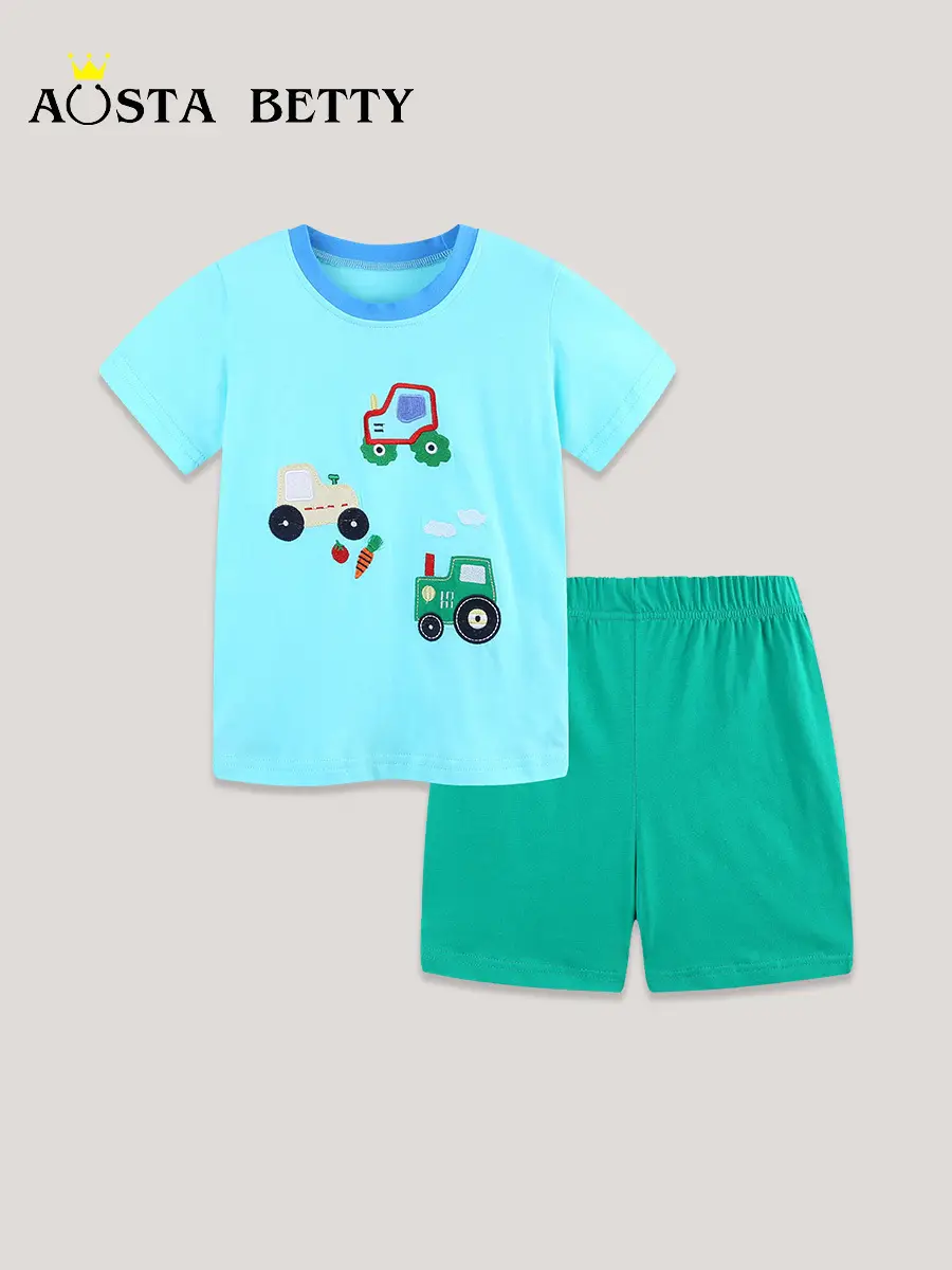 Summer Boys Cotton T-Shirt Shorts Set Light Blue Green - Image 3