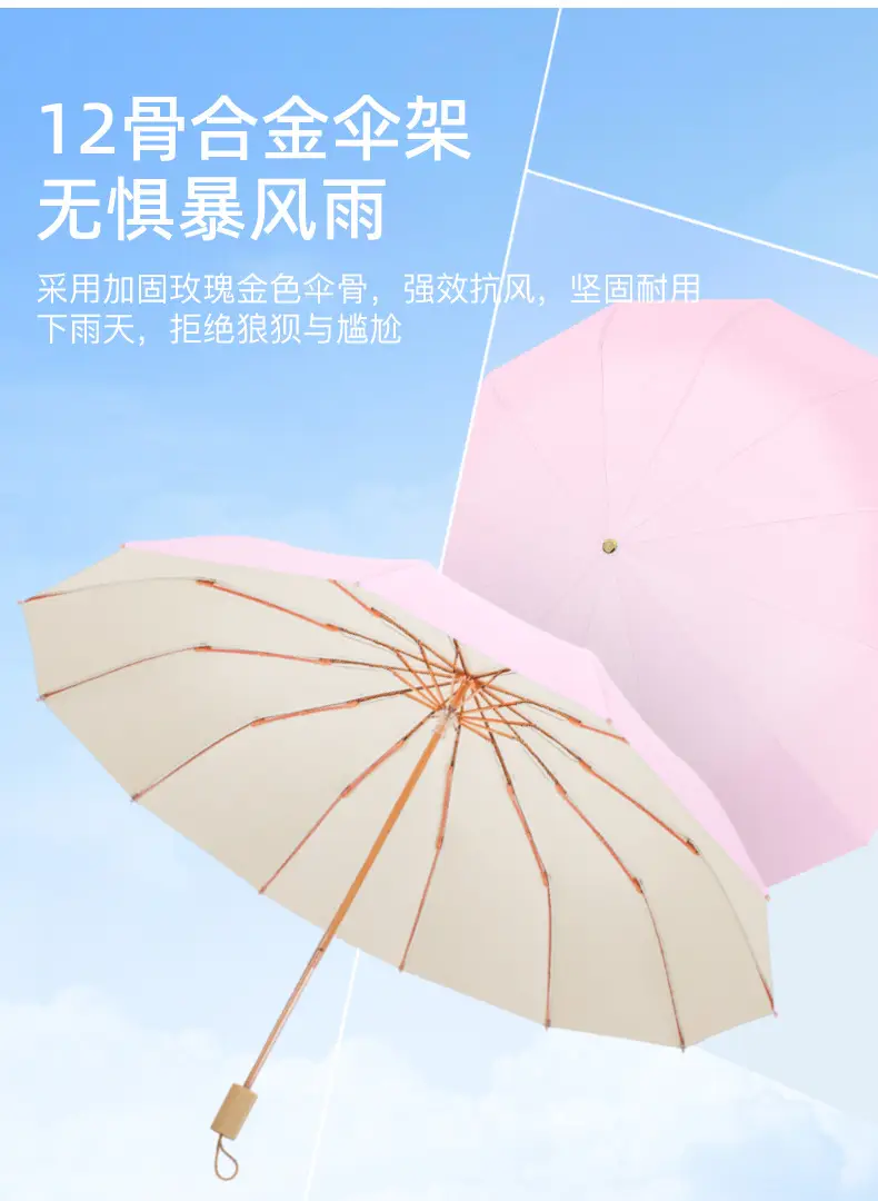 Twelve Bone Color Glue Handle Umbrella Golden Skeleton Three-fold UV-proof Sunlight and Rain-proof Dual-use Sunshade Umbrella — feature 6