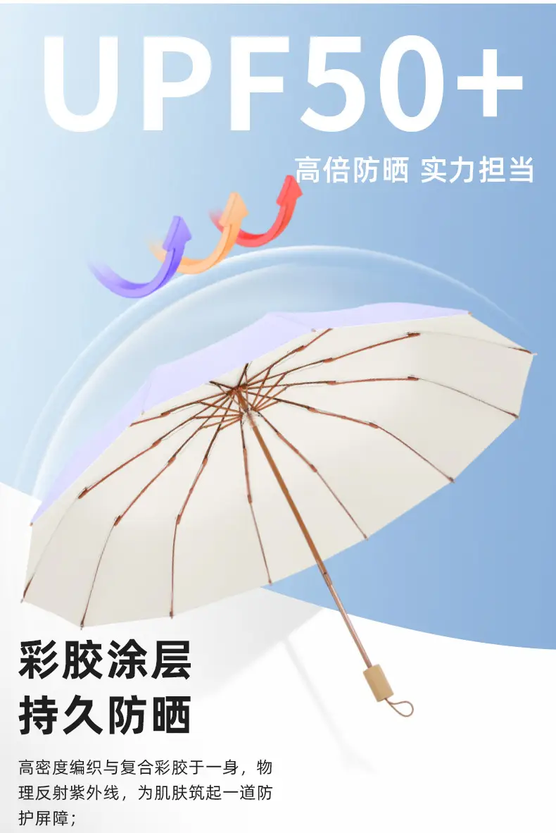 Twelve Bone Color Glue Handle Umbrella Golden Skeleton Three-fold UV-proof Sunlight and Rain-proof Dual-use Sunshade Umbrella — feature 8