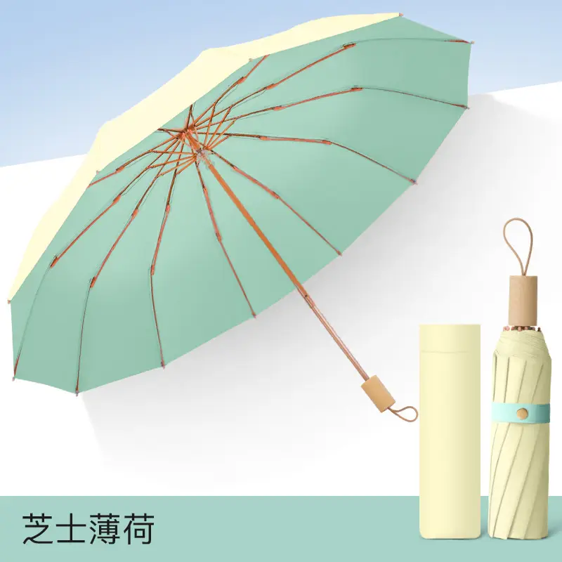 Twelve Bone Color Glue Handle Umbrella Golden Skeleton Three-fold UV-proof Sunlight and Rain-proof Dual-use Sunshade Umbrella - Image 3