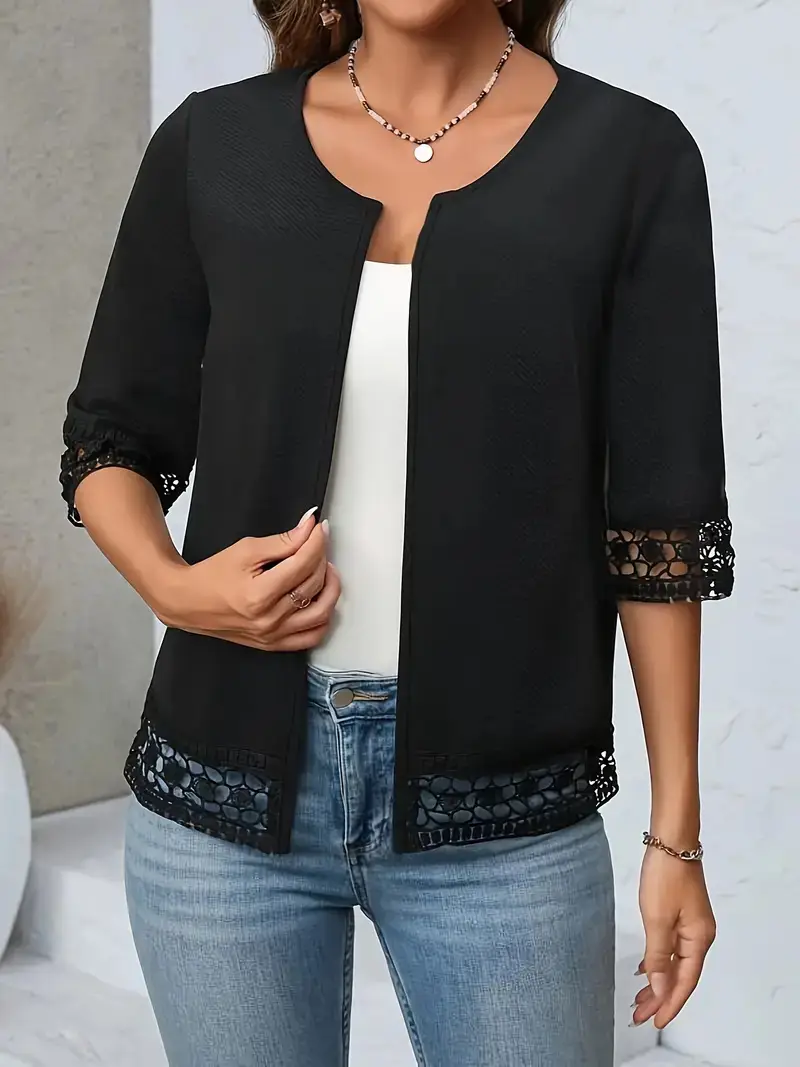2025 Black Splicing Lace Mid Sleeve T-Shirt for Women - Image 2