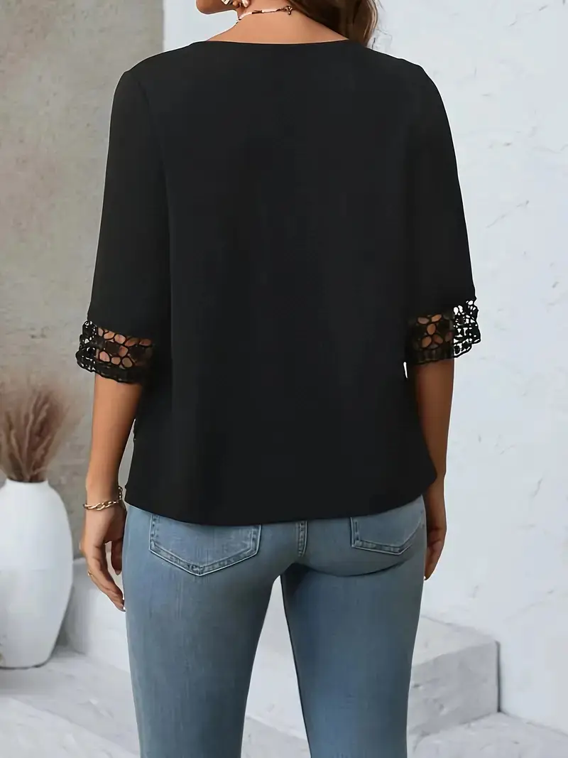 2025 Black Splicing Lace Mid Sleeve T-Shirt for Women - Image 3
