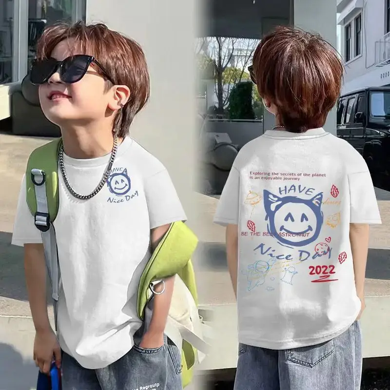 Kids Cotton Cartoon T-shirt White Short Sleeve