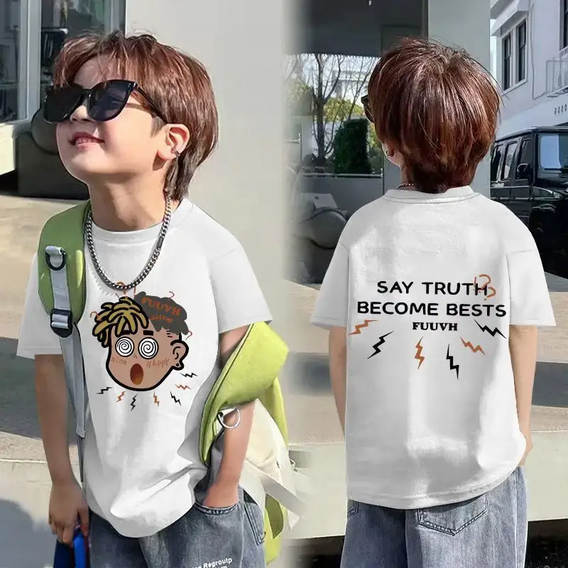 Kids Cotton Cartoon T-shirt White Short Sleeve
