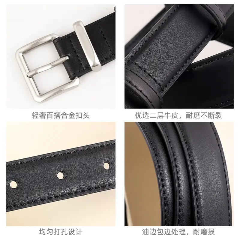 Women's Black Genuine Leather Belt with Pin Buckle 100cm - Image 6