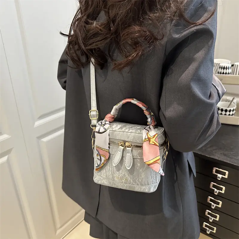Women's Silk Scarf Bucket Bag White 2025 - Image 7
