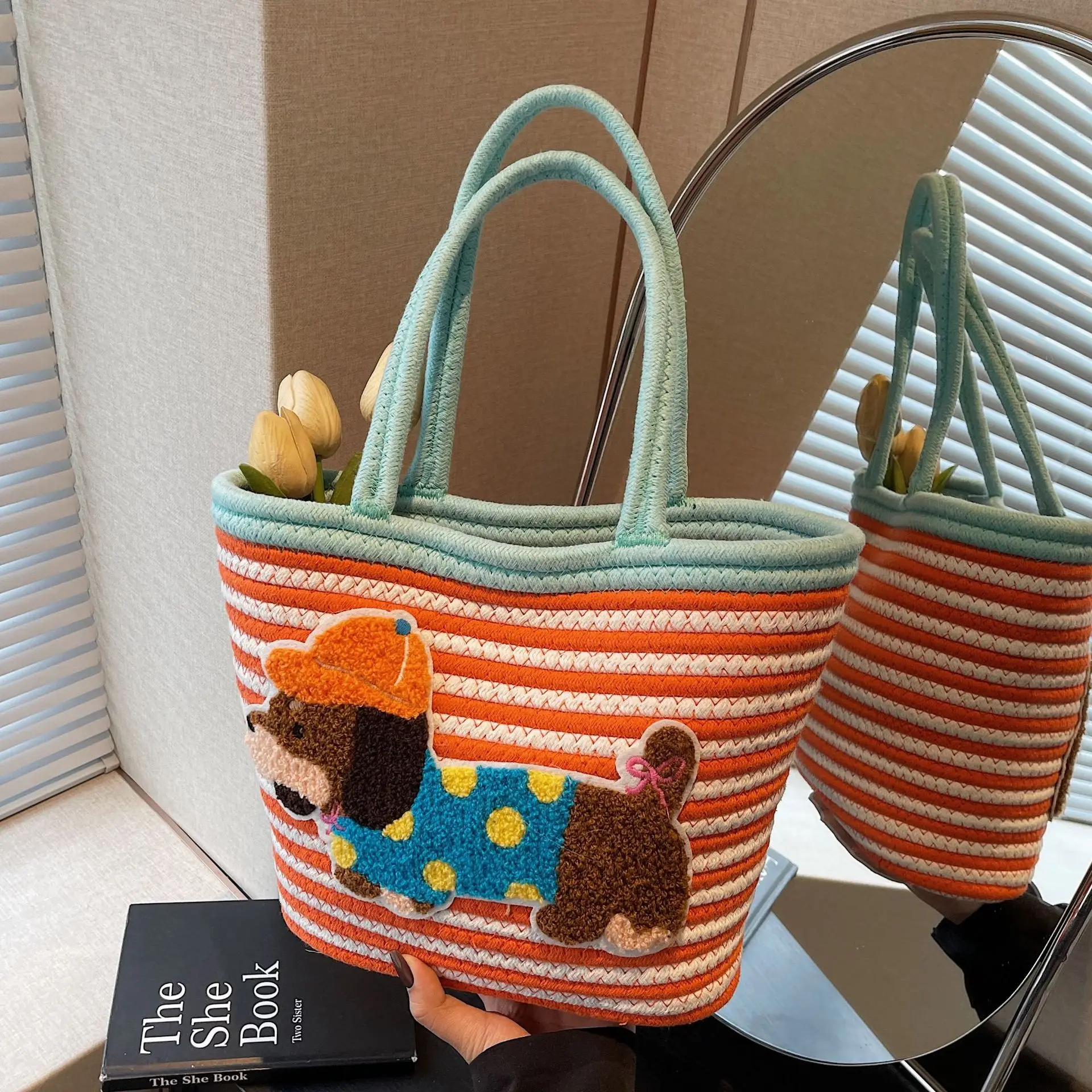 Puppy Embroidered Cotton Rope Tote Bag Large Capacity