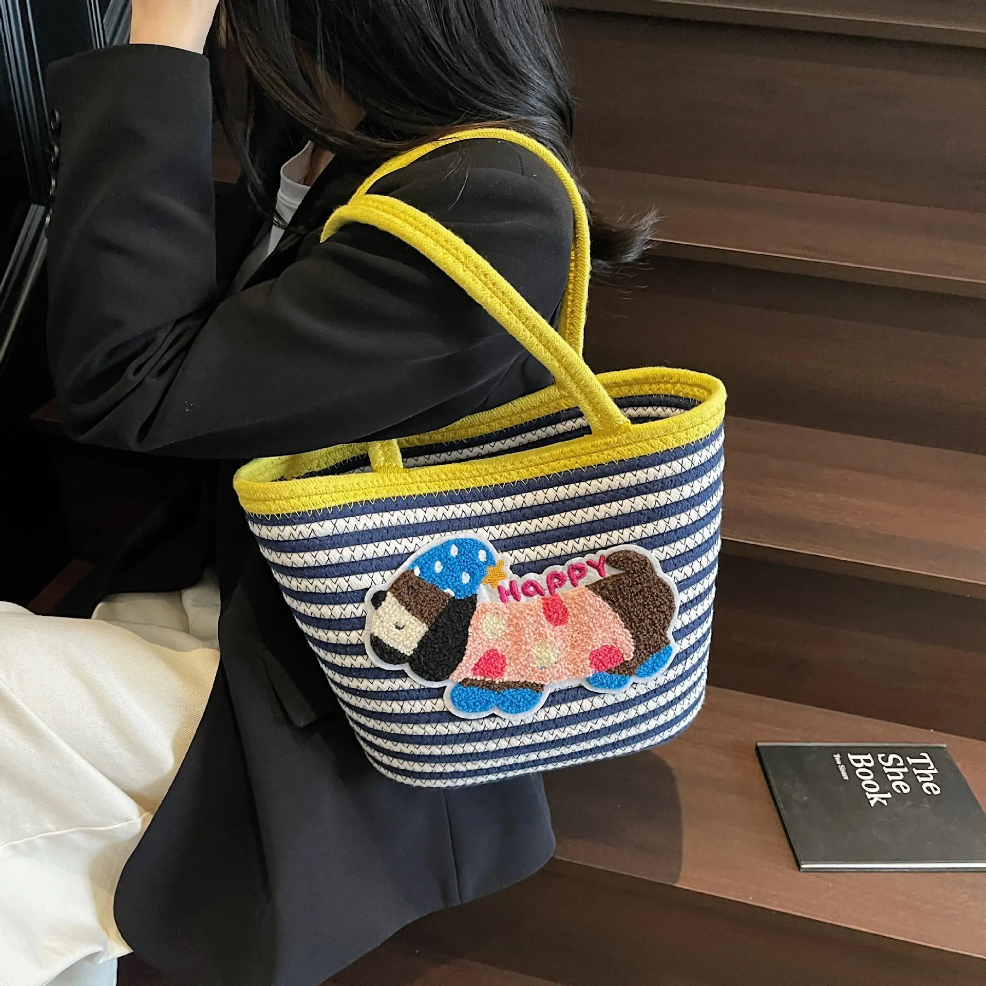 Puppy Embroidered Cotton Rope Tote Bag Large Capacity