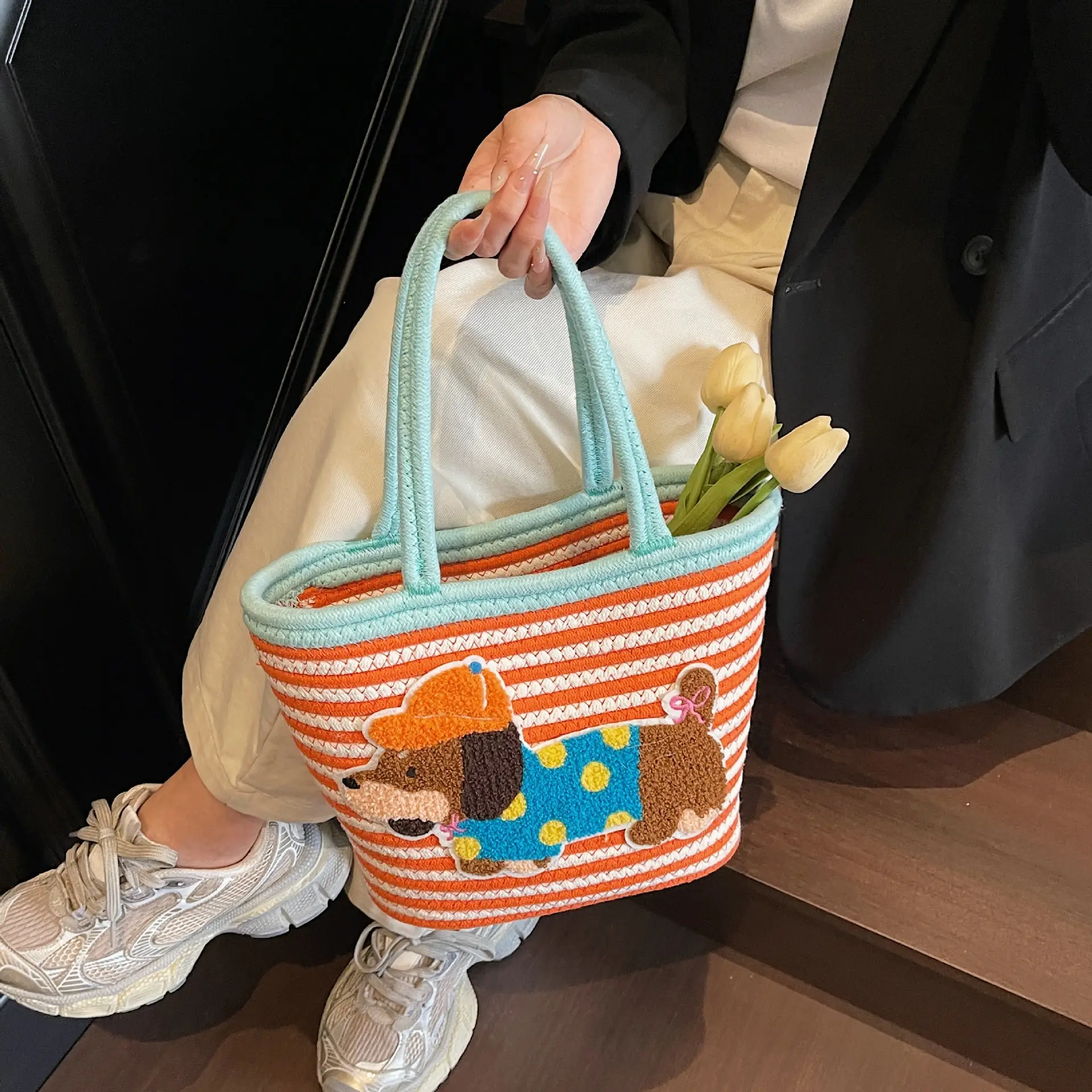Puppy Embroidered Cotton Rope Tote Bag Large Capacity