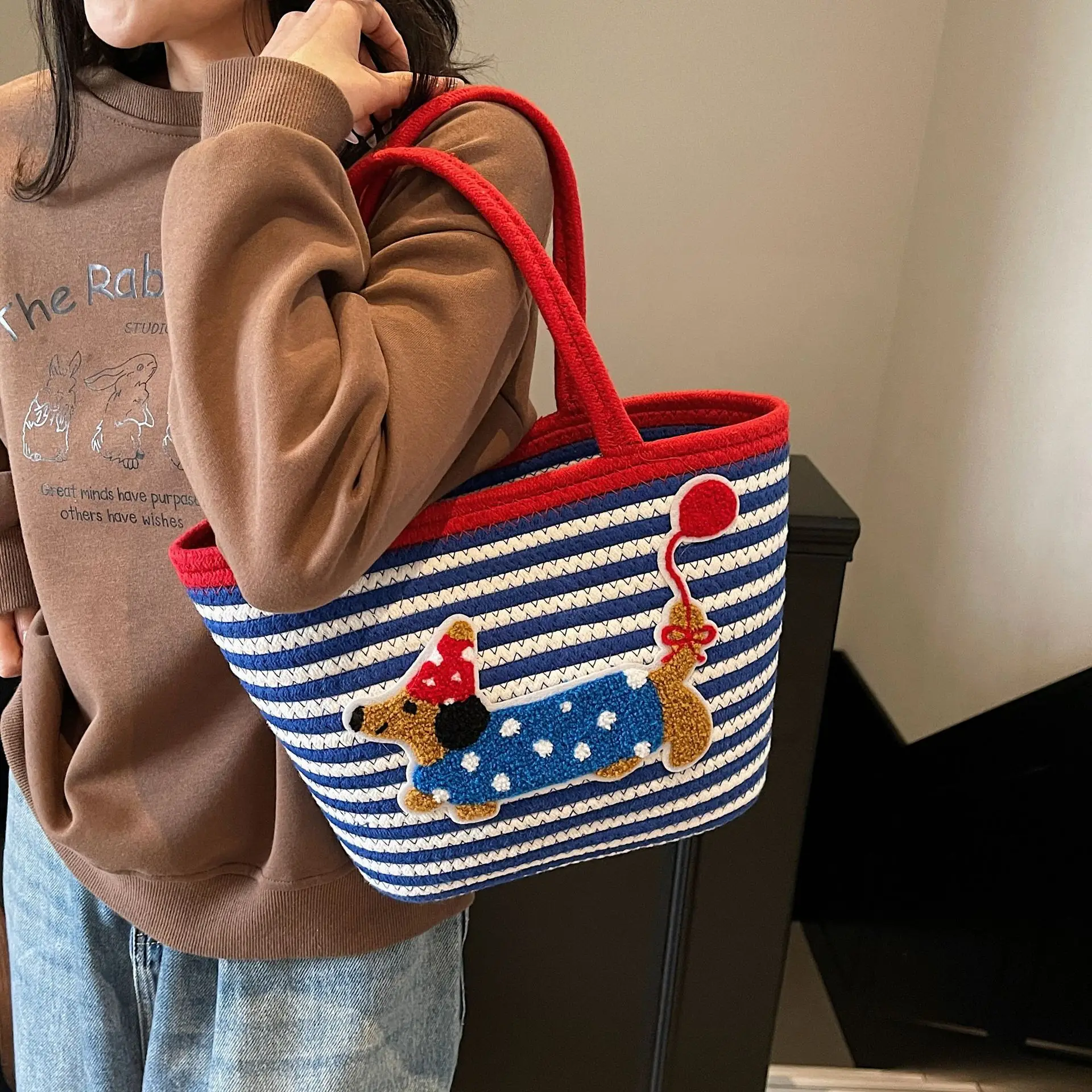 Puppy Embroidered Cotton Rope Tote Bag Large Capacity